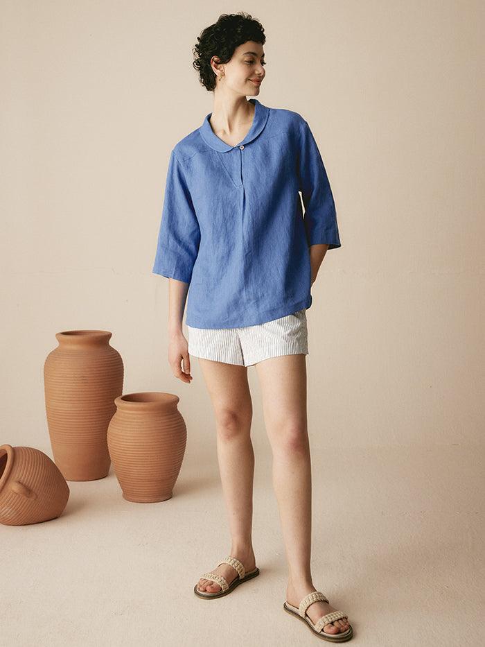100% Linen Shawl V-Neck Half Sleeve Top JADE