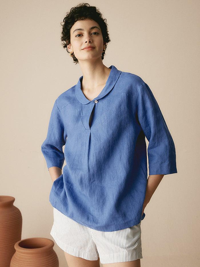 100% Linen Stripe Shawl V-Neck Half Sleeve Top