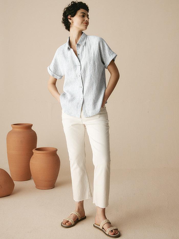 100% Linen Striped Classic Button-Front Shirt HUNTER