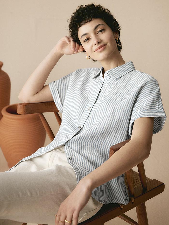 100% Linen Striped Classic Button-Front Shirt HUNTER