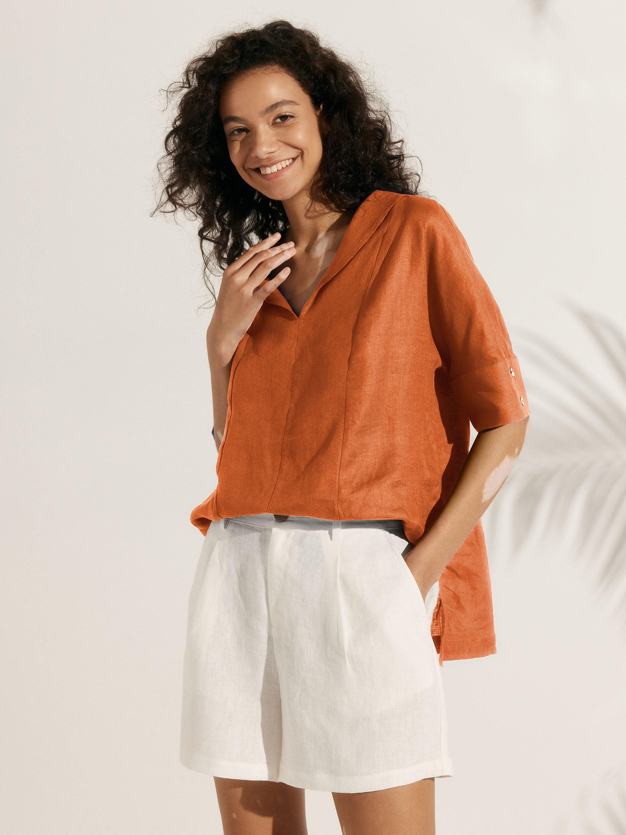 Linen V Neck Short Sleeve Shirt PENNY