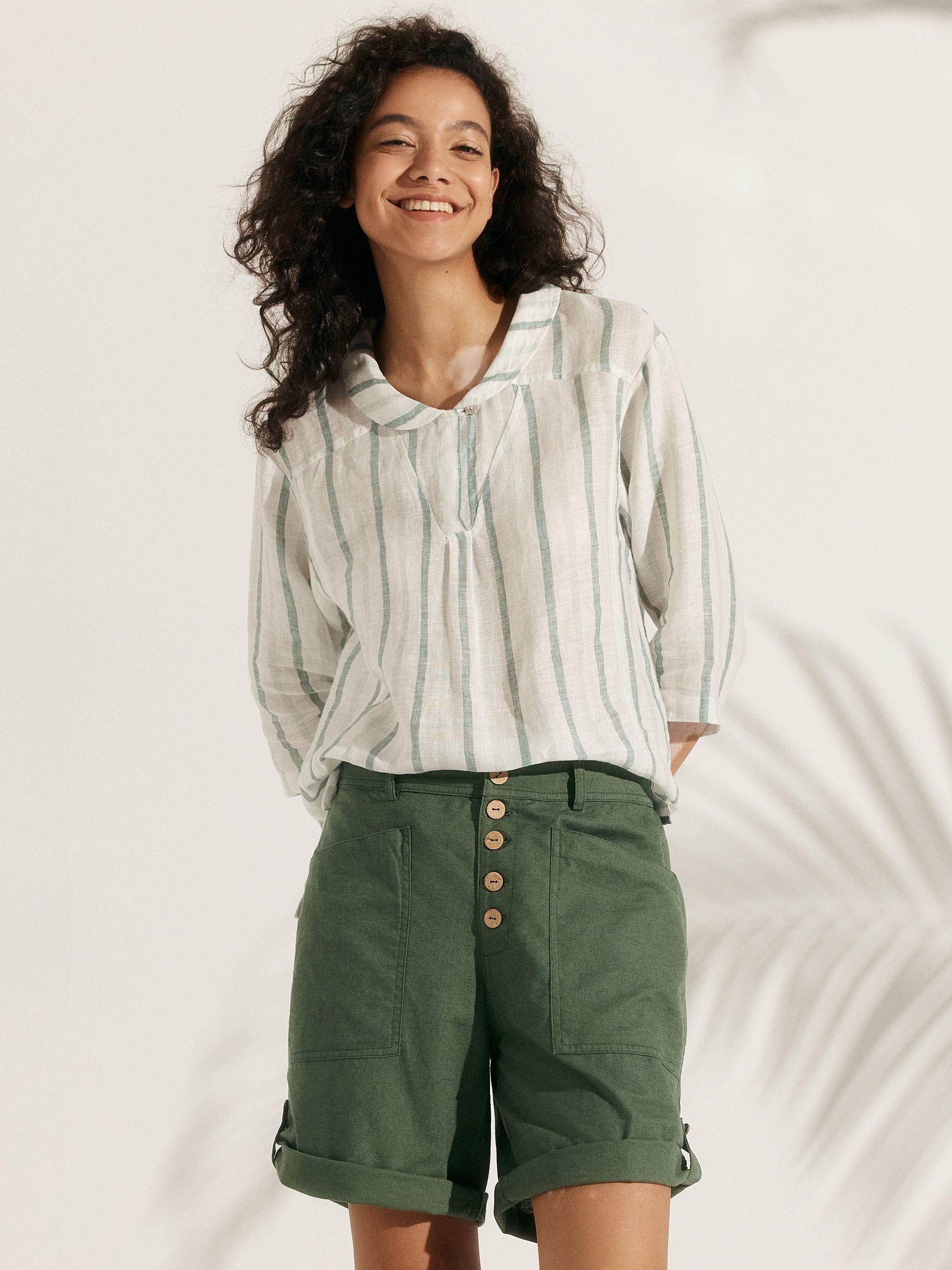 100% Linen Stripe Shawl V-Neck Half Sleeve Top