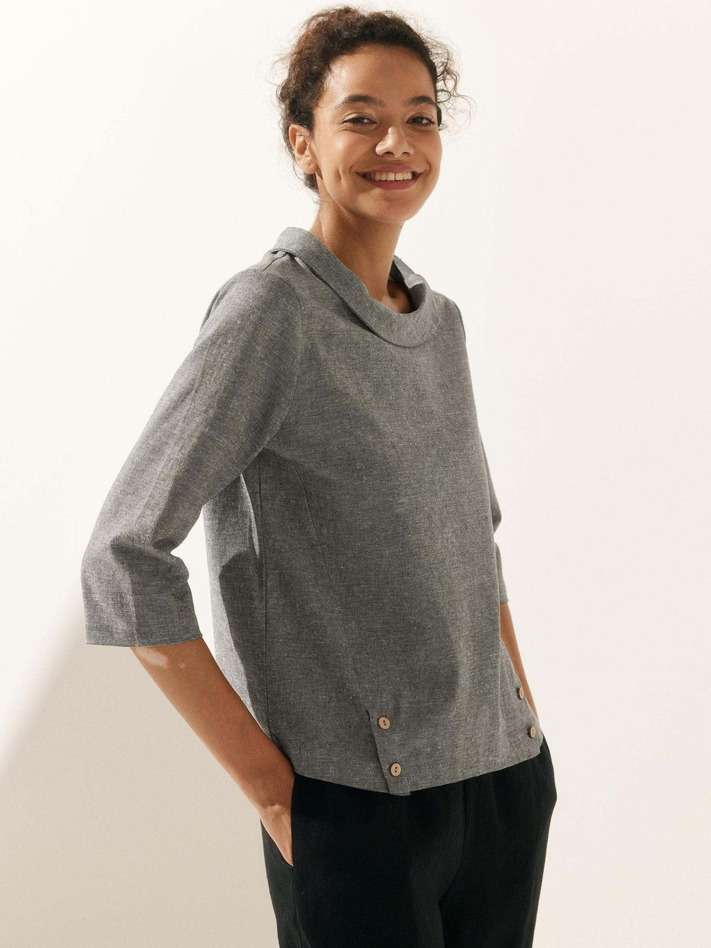 Linen Round Soft-Fold Collar Top ANAIS