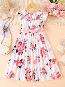 Children's Floral Print Ruffle Trim Bow Pleated Dress