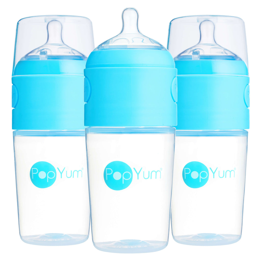 PopYum 9oz Anti-Colic Baby Bottle for  for Breast and Formula Feeding, 3-Pack, Blue, #2 Medium Flow Nipples