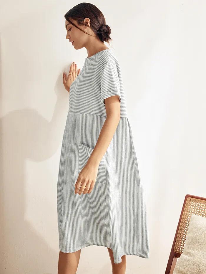 100% Linen Pinstripe Paneled Short-Sleeved Dress MORGAN
