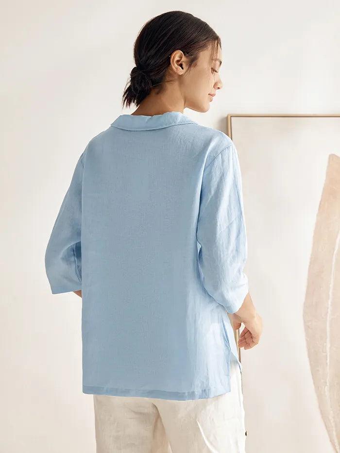 100% Linen Stripe Shawl V-Neck Half Sleeve Top