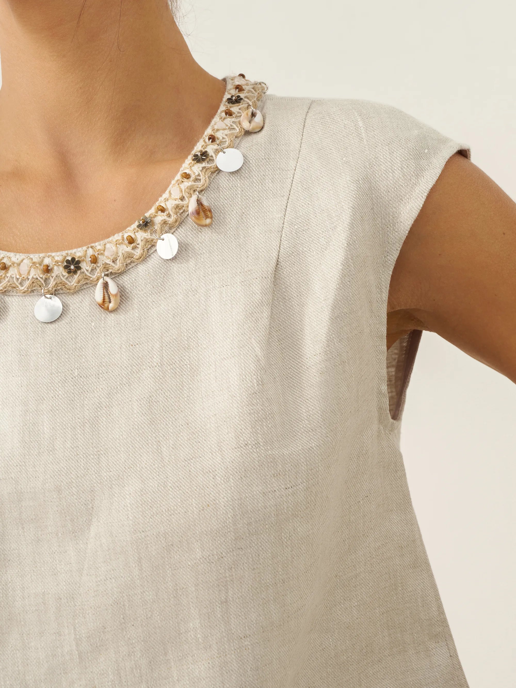 100% Linen Cap Sleeve Beaded Top BIANCA