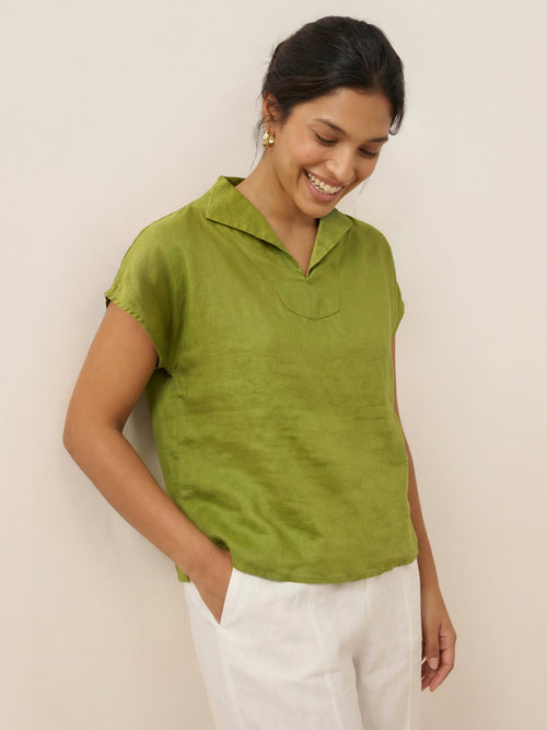 100% Linen Collared Cap Sleeve Top IVY