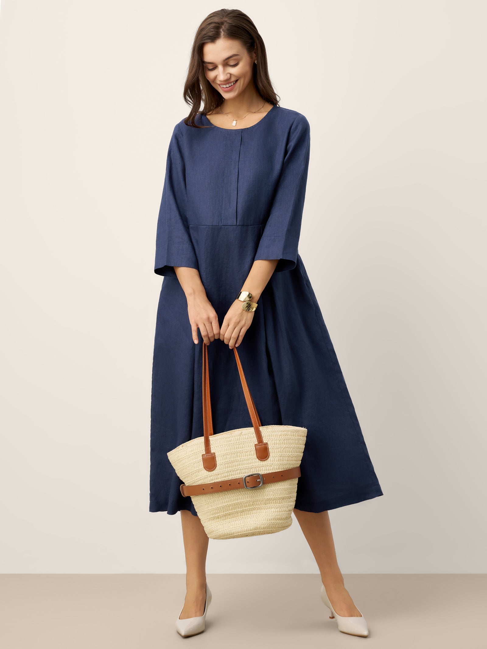 100% Linen Inverted Pleat Waist Button Midi Dress IMARA