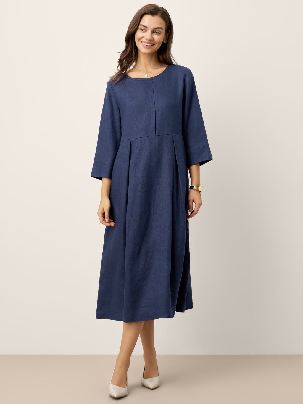 100% Linen Inverted Pleat Waist Button Midi Dress IMARA