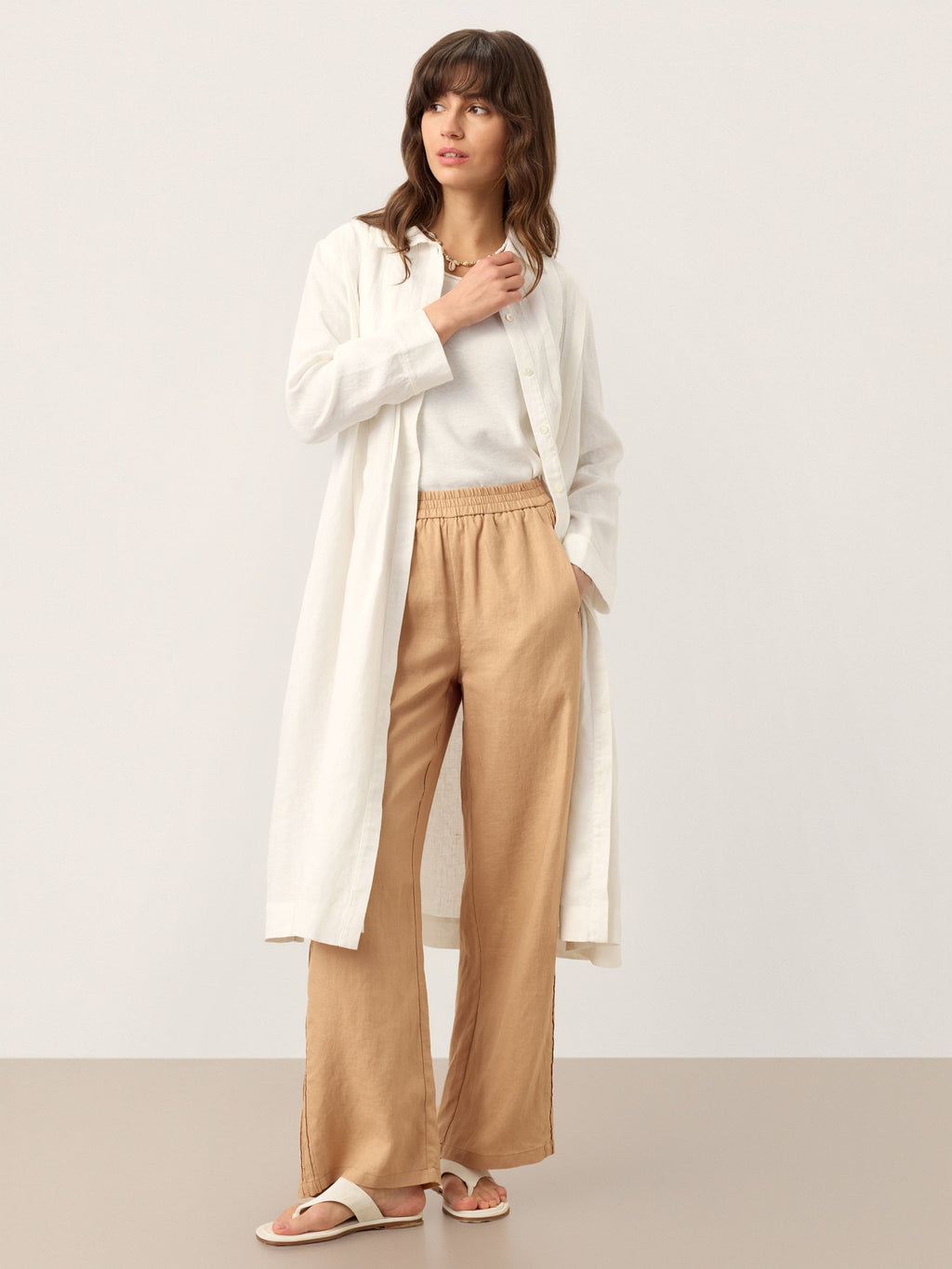 100% Linen Embroidered Pintuck Midi Shirt Dress SYLVIA