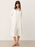 100% Linen Embroidered Pintuck Midi Shirt Dress SYLVIA