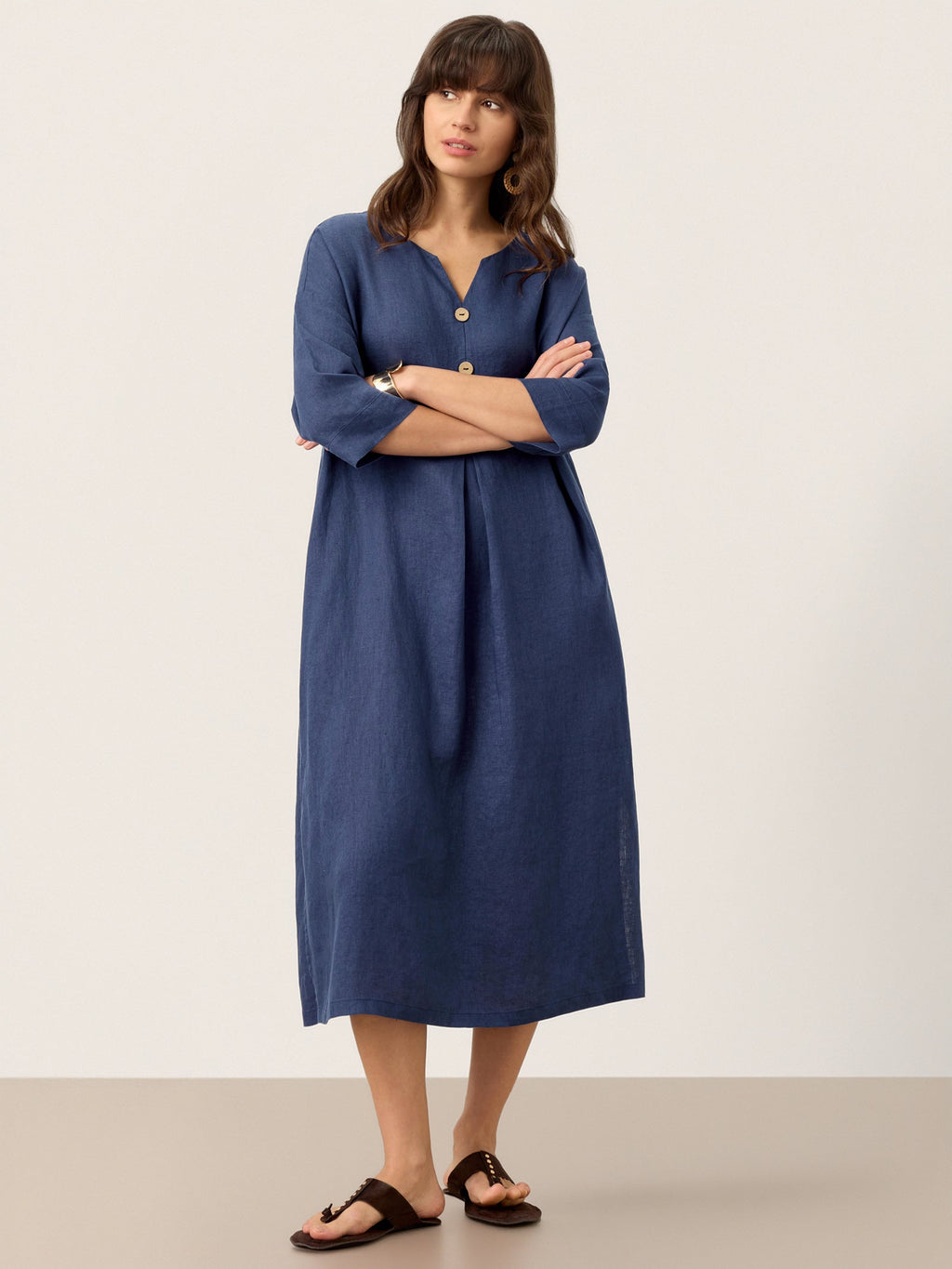 100% Linen Notch Neck Inverted Pleat Maxi Dress MATILDE