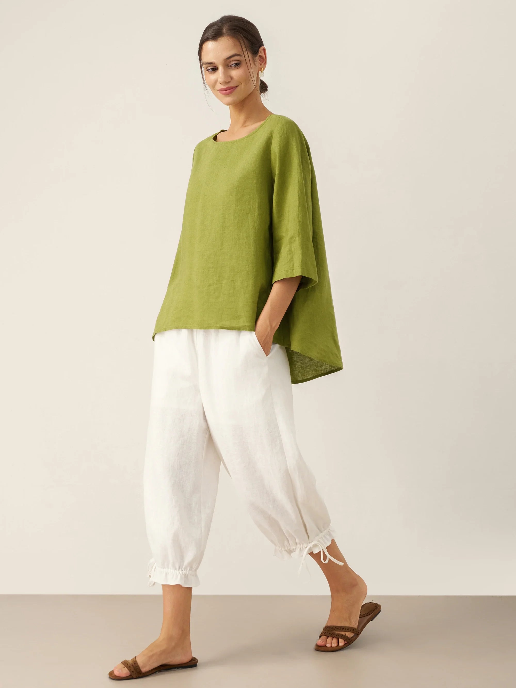 100% Linen Elastic Waist Ruffled Cuff Pants RUBY