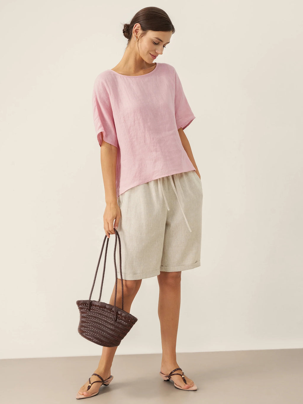 100% Linen Round Neck Back Opening Top URIELLE
