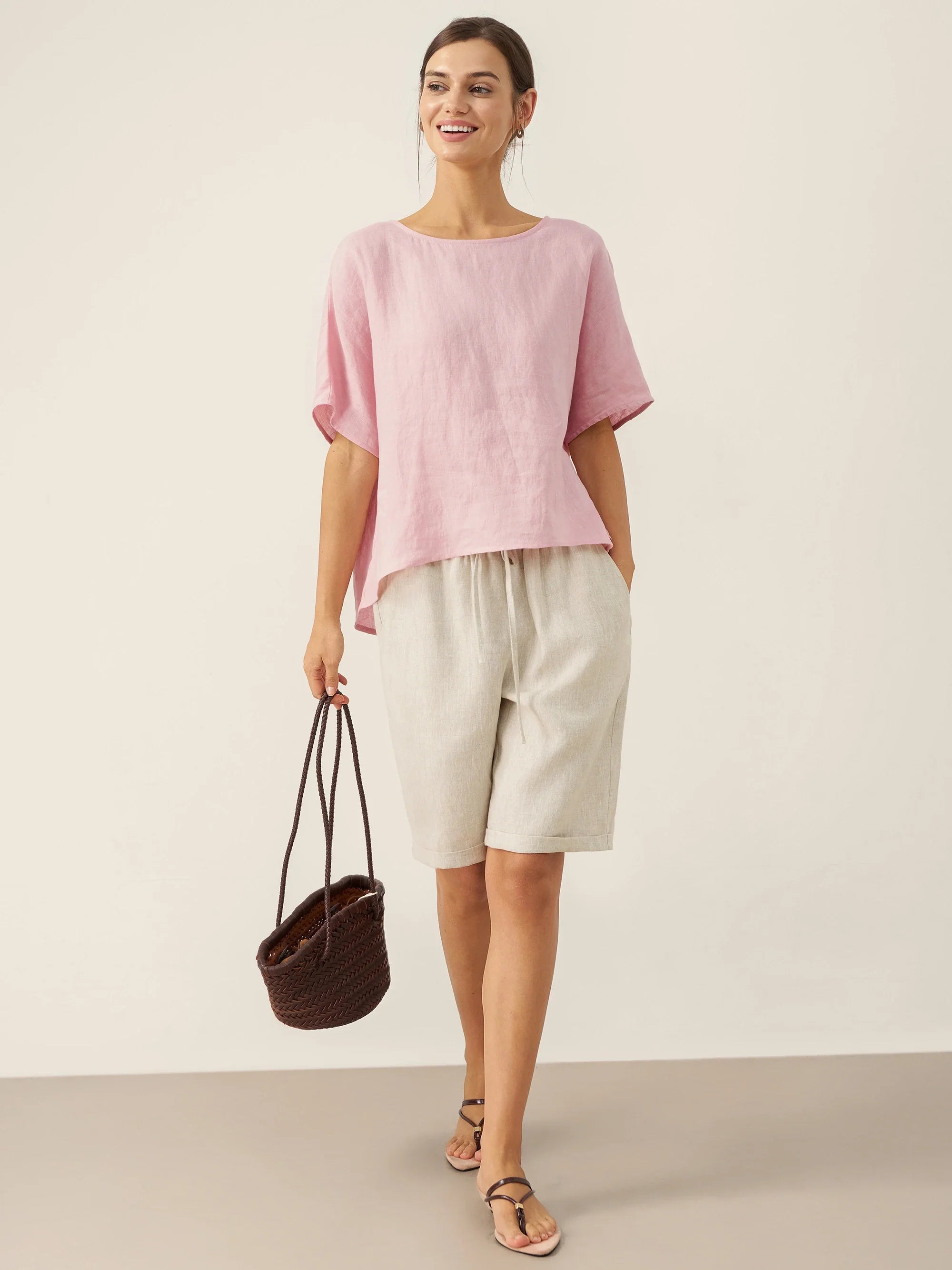 100% Linen Round Neck Back Opening Top URIELLE