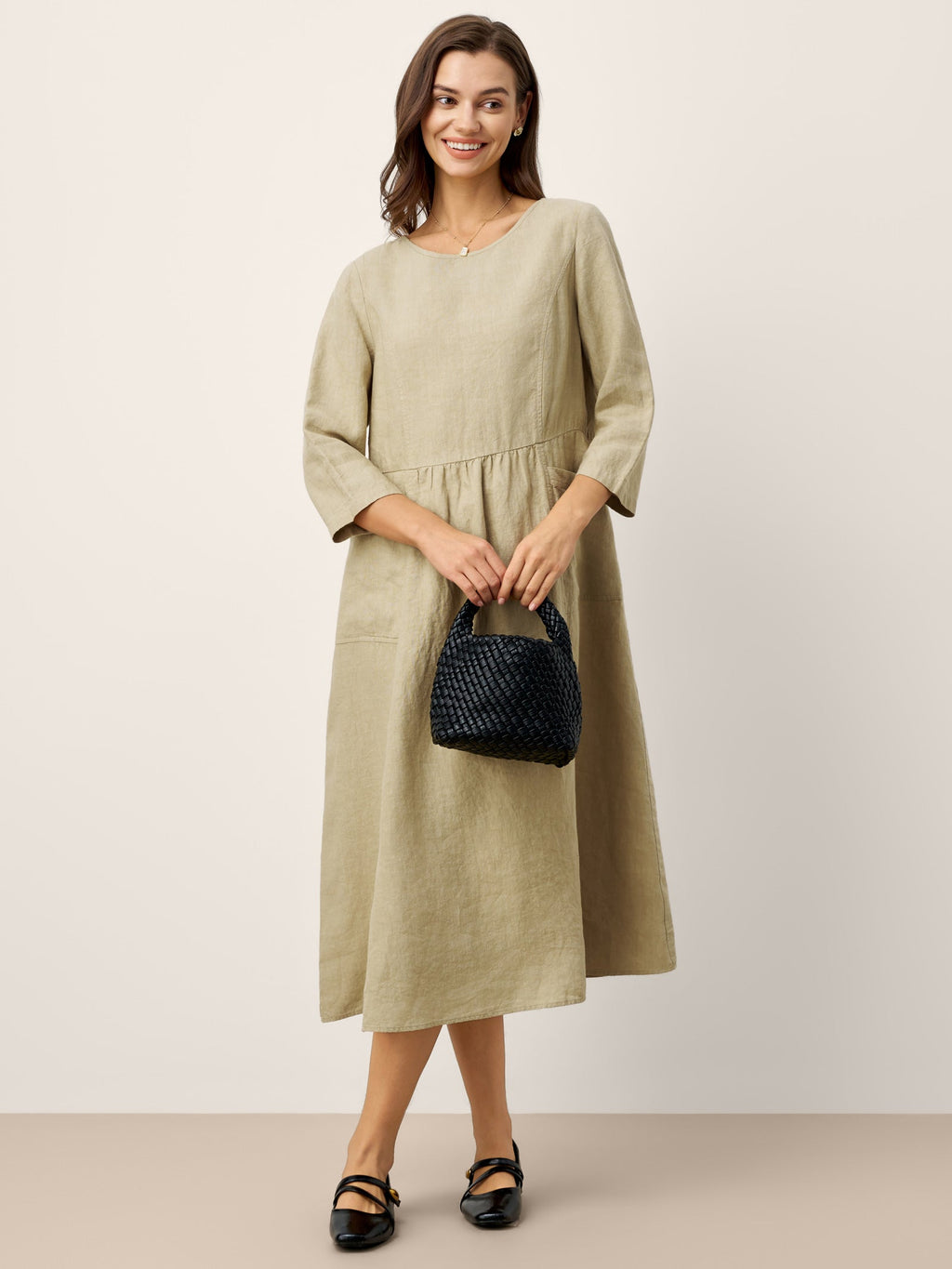 100% Linen Shirred Waistline Patch Pocket Maxi Dress MARCELLA