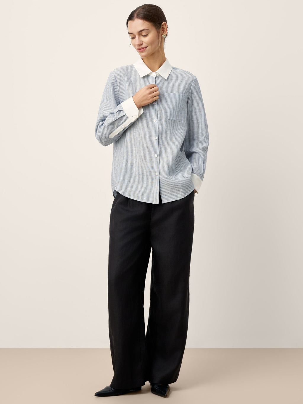 100% Linen Striped Patchwork Pleat Shirt THEA