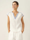 100% Linen V-Neck Embroidered Crop Top FENE