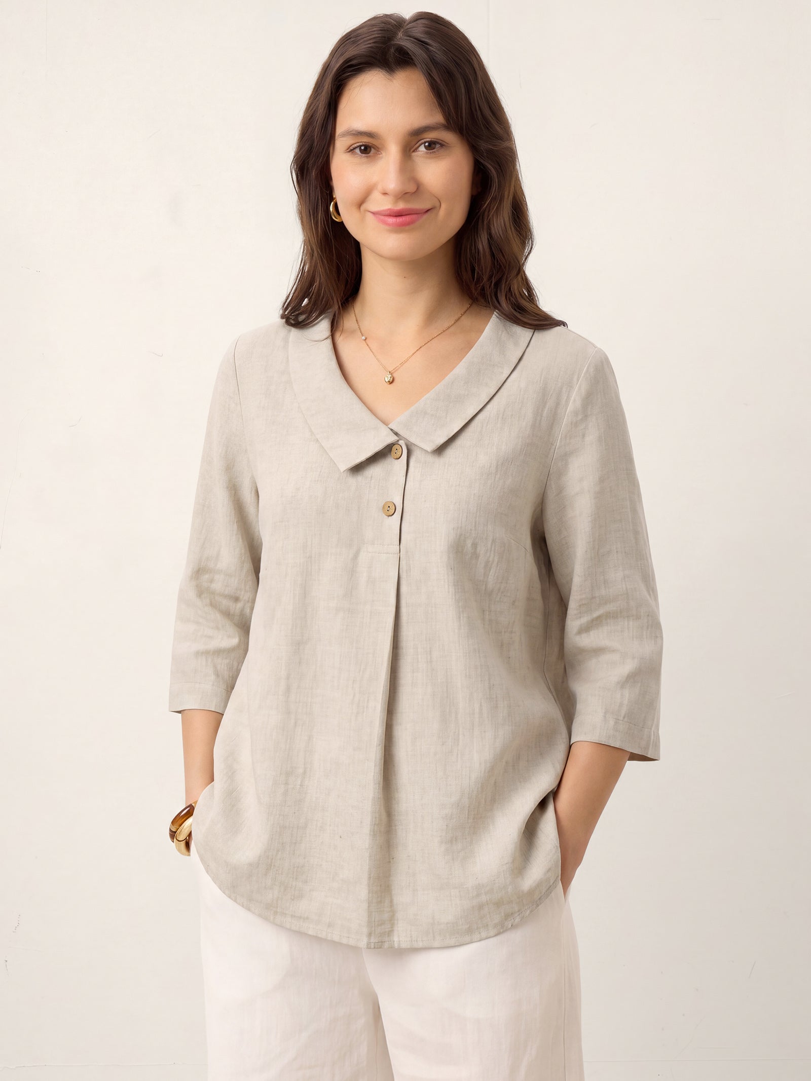 100% Linen Asymmetric Collar Inverted Pleat Top OTTILIE