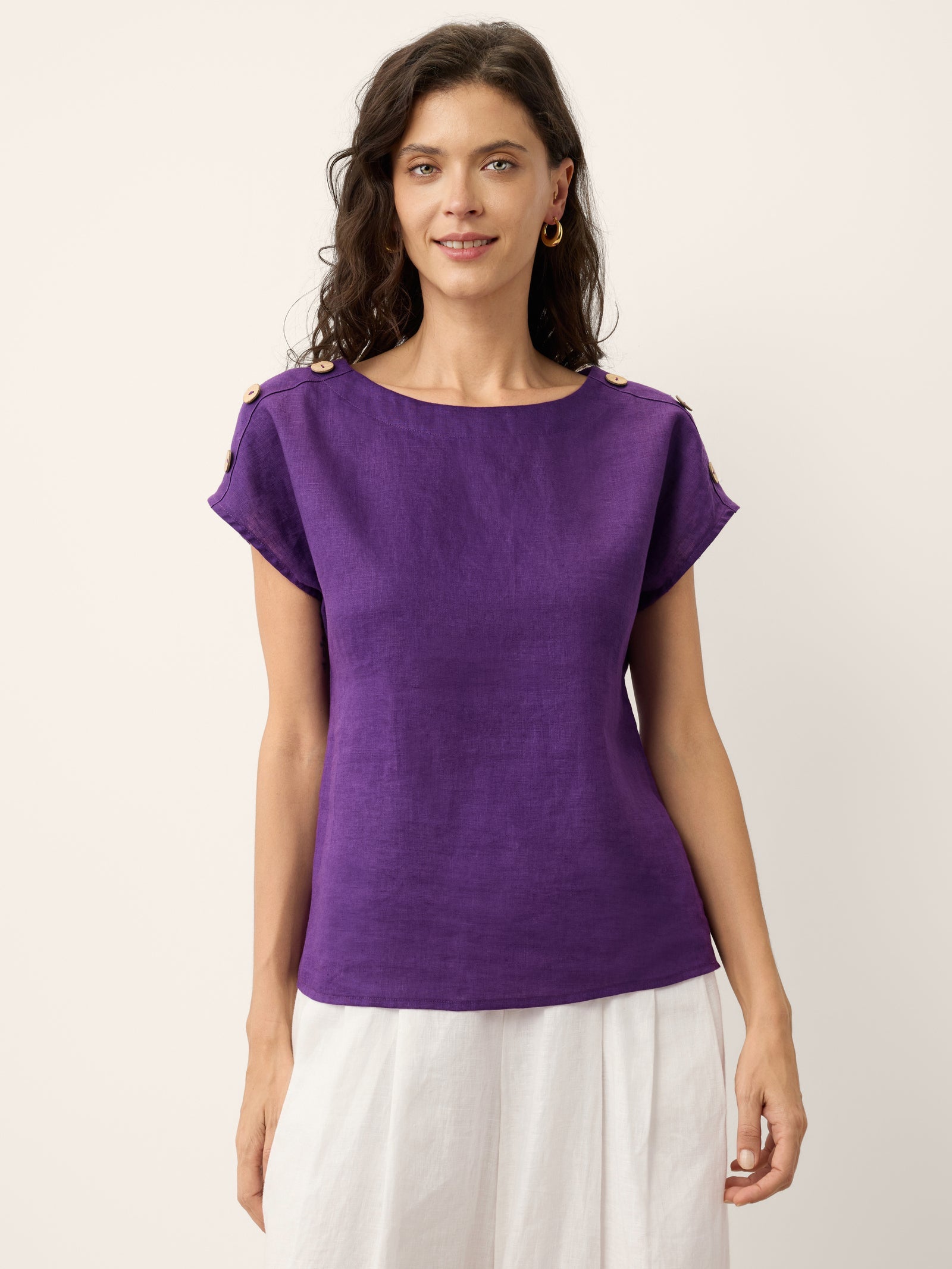 100% Linen Boat Neck Button Detail Top ISABELLE