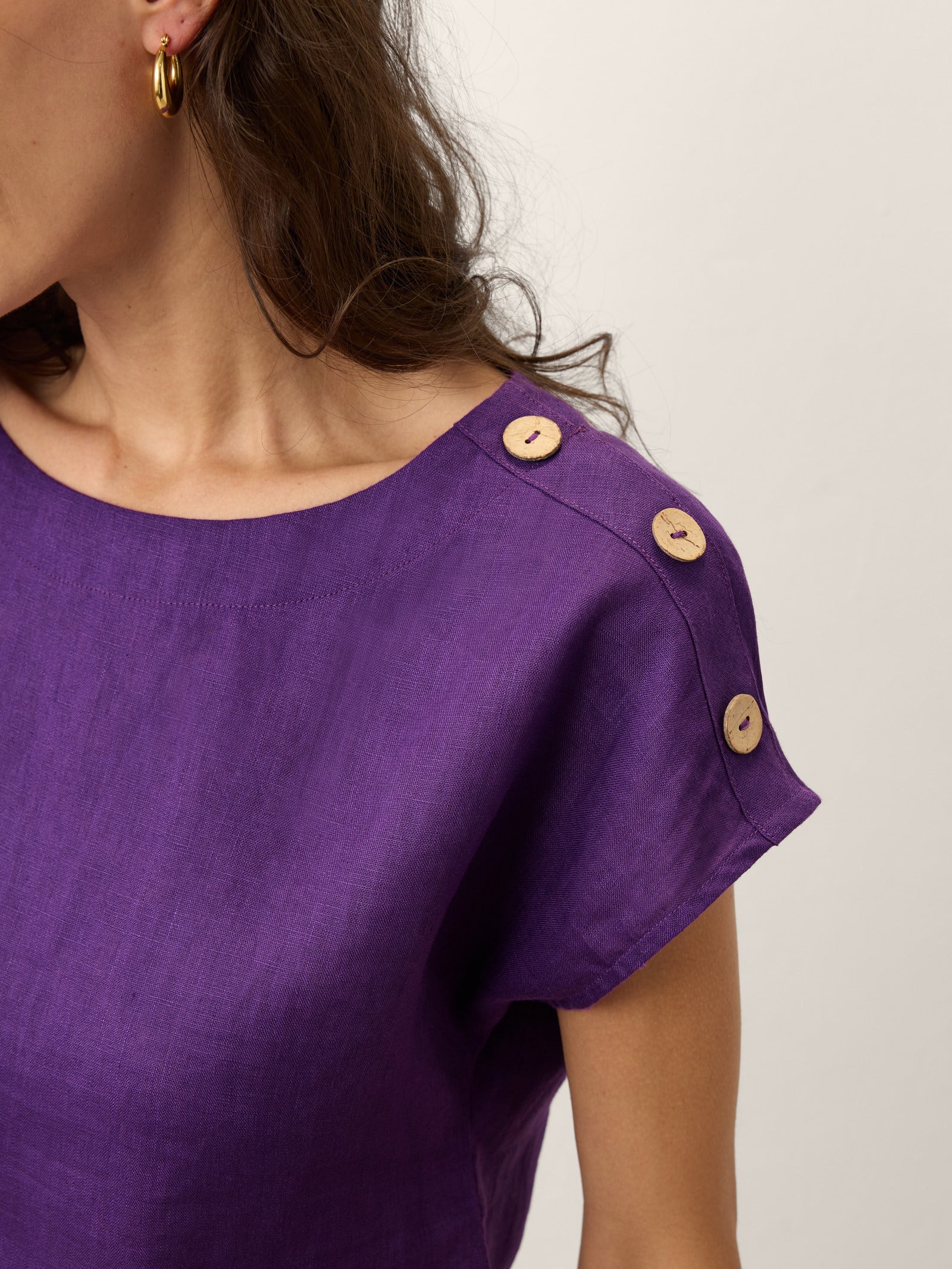 100% Linen Boat Neck Button Detail Top ISABELLE