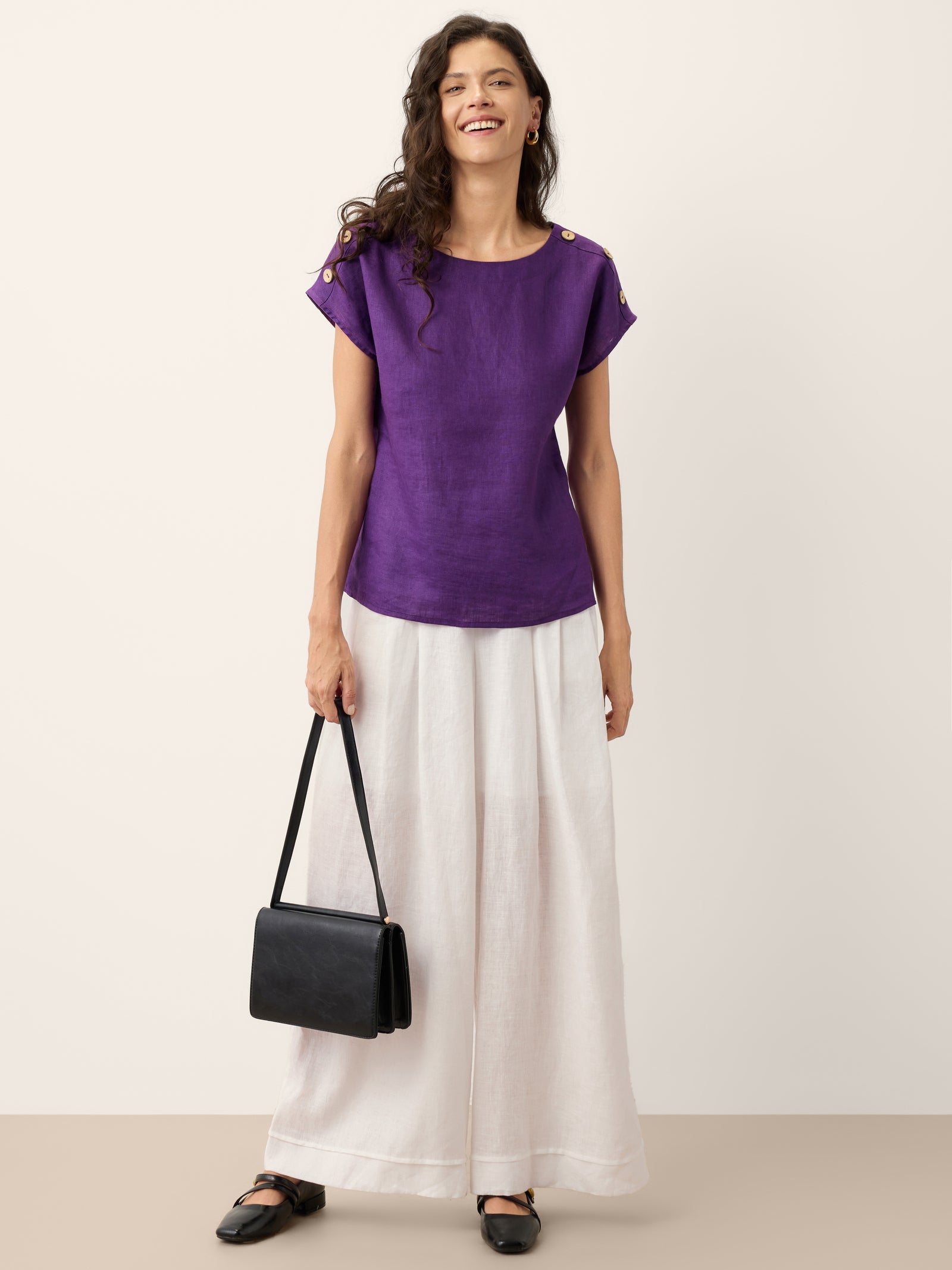 100% Linen Boat Neck Button Detail Top ISABELLE