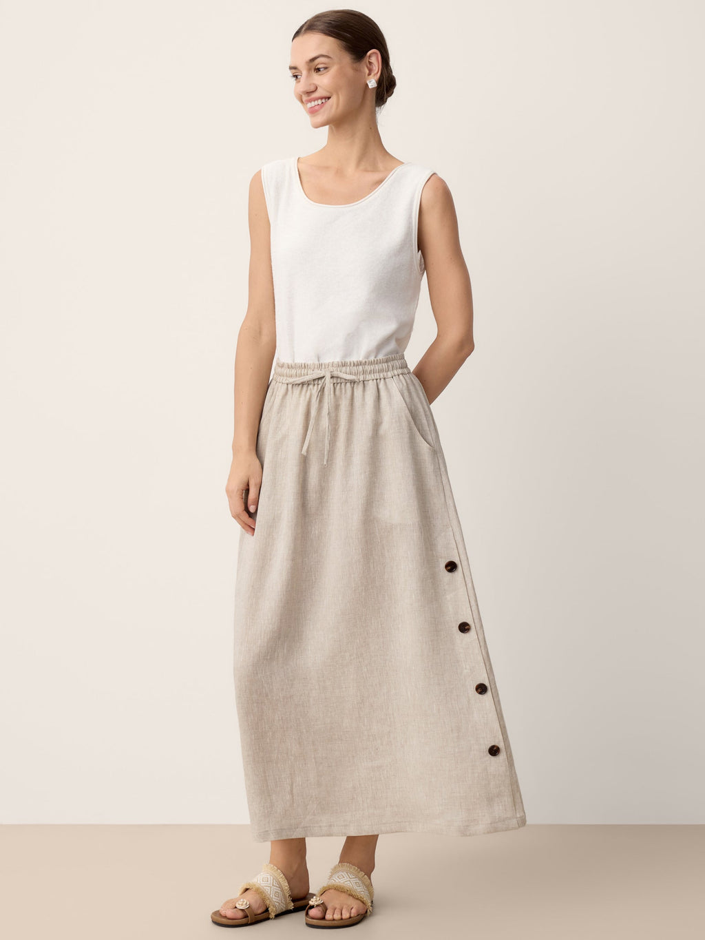 100% Linen Button-Trim Slit Skirt ASTRA