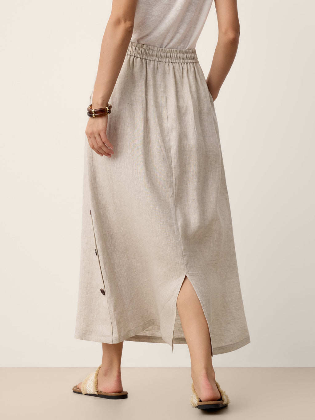 100% Linen Button-Trim Slit Skirt ASTRA