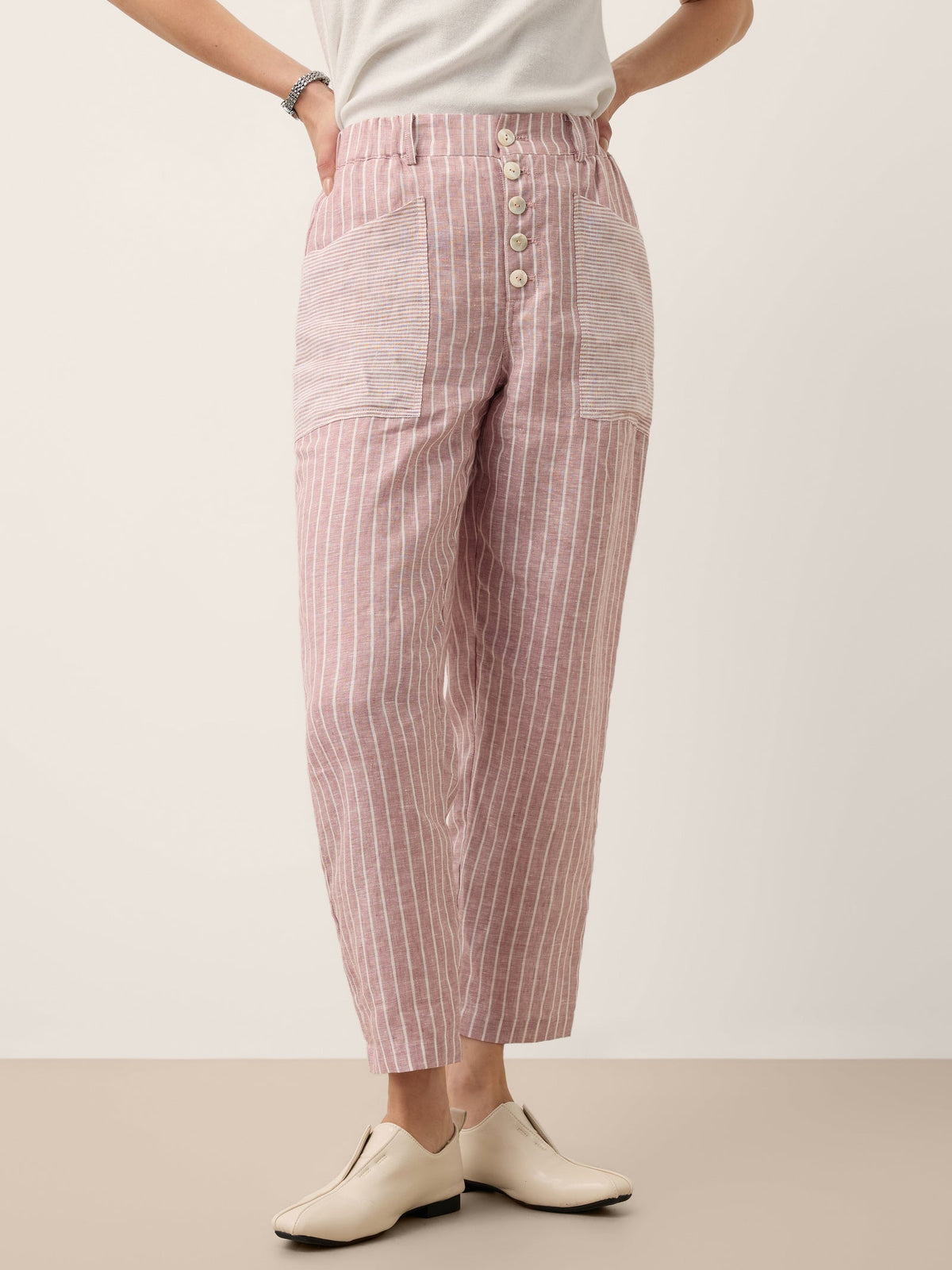 100% Linen Striped Patch Pocket Tapered Pants NERISSAH