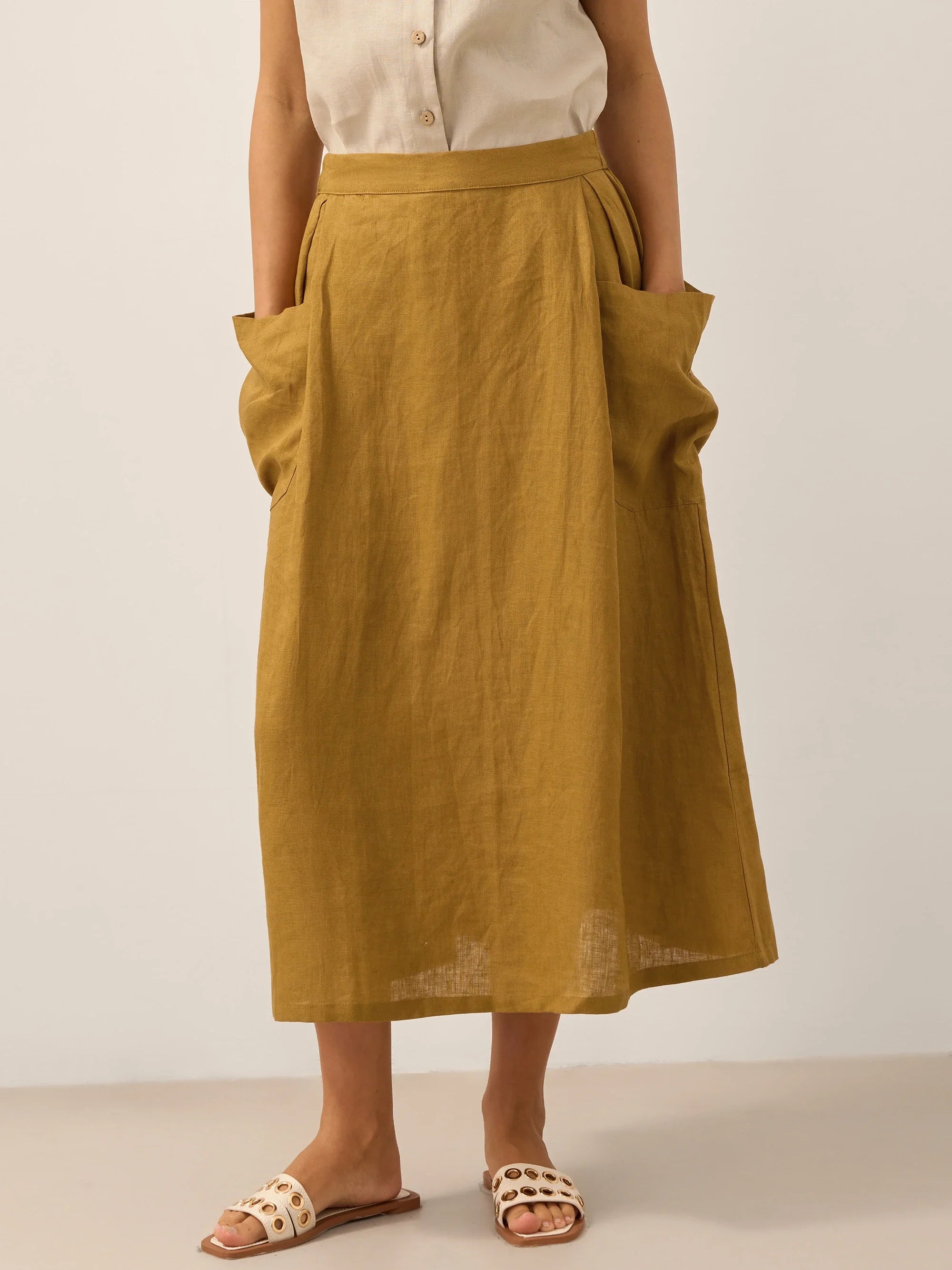 Linen Checked Elastic Waist Skirt ONYX