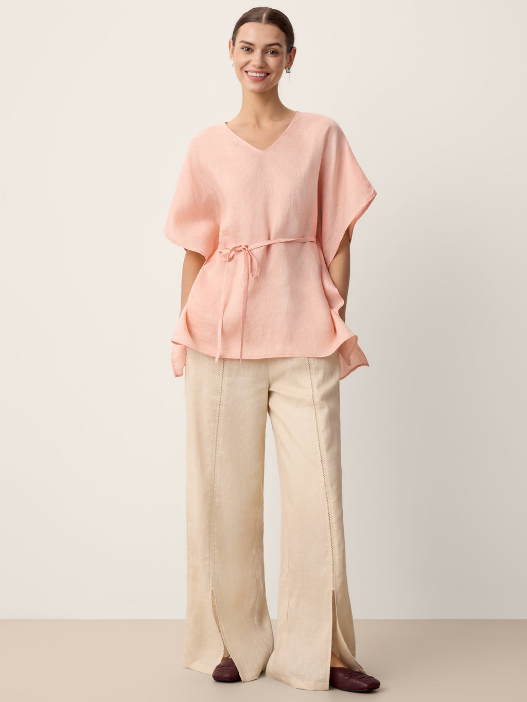 100% Linen Flutter-Sleeve V-Neck Top MARA