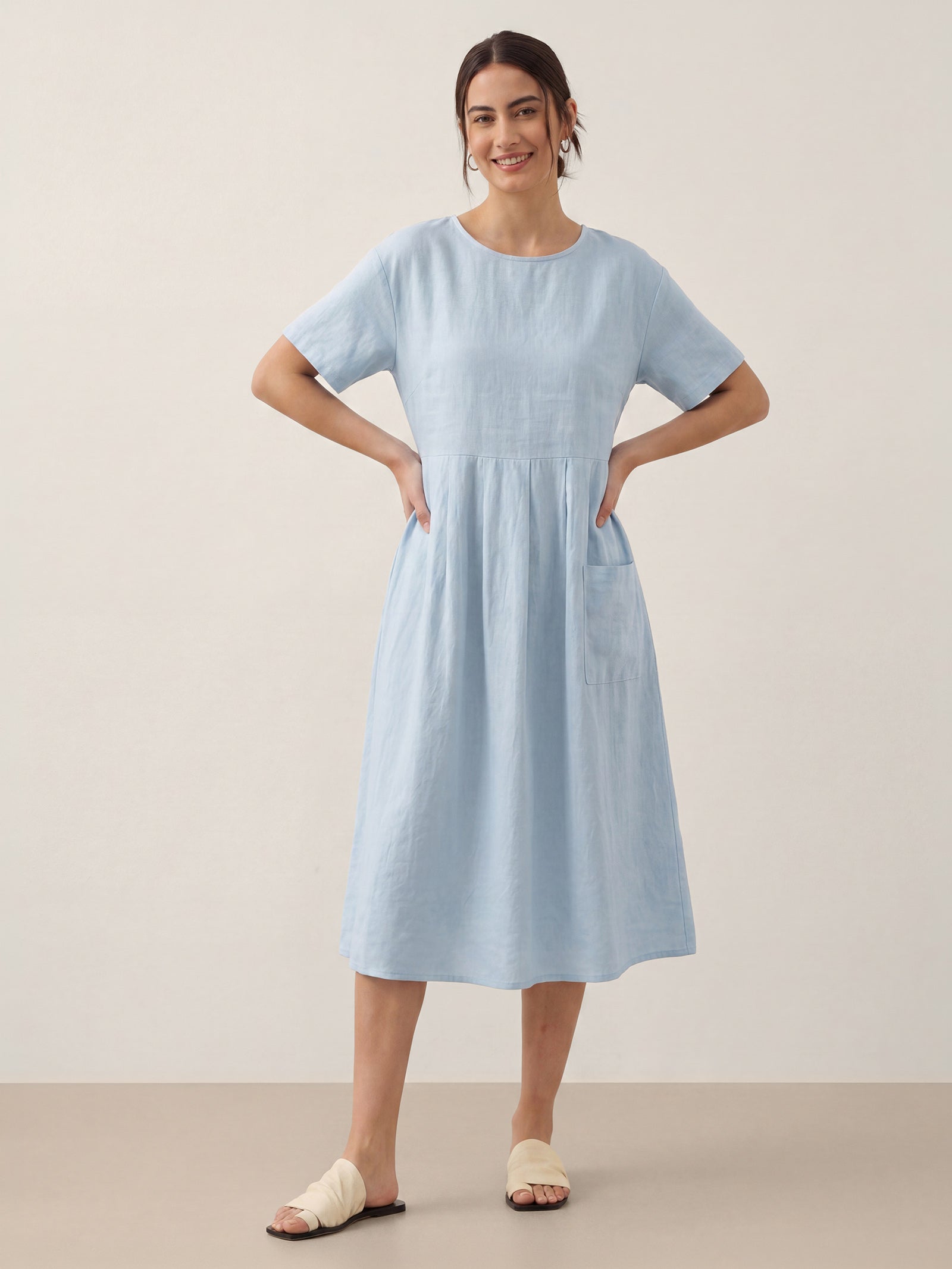 100% Linen Pinstripe Paneled Short-Sleeved Dress MORGAN