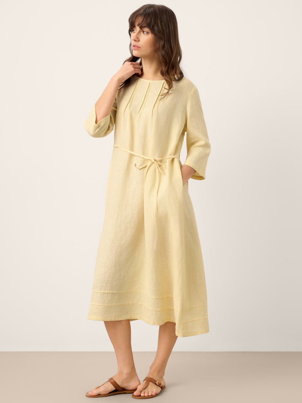 100% Linen Pintucked Embroidered Adjustable Belt Tiered Maxi Dres VERENA