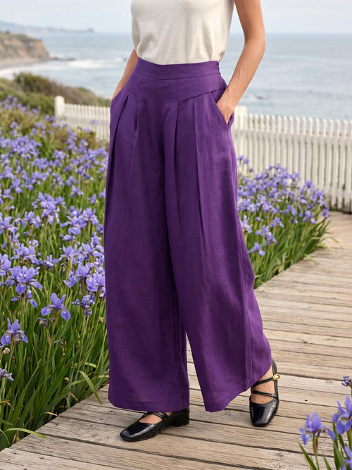 Pantalón de Lino 100% con Pliegues en la Cintura y Pierna Ancha LOUISA