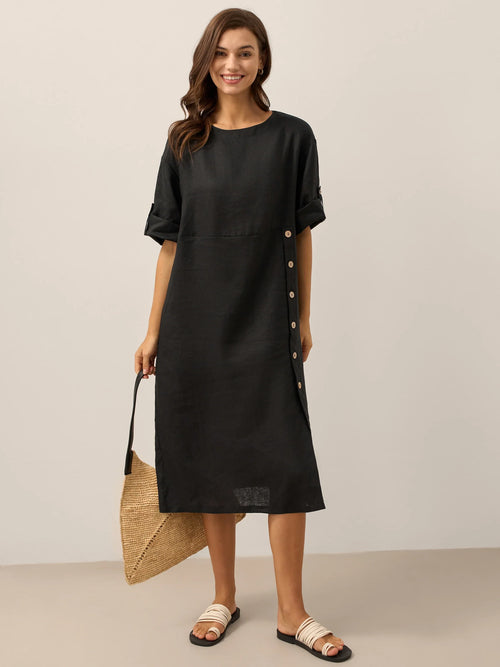 Vestido midi JELENA 100% lino con cuello redondo y detalle de botones