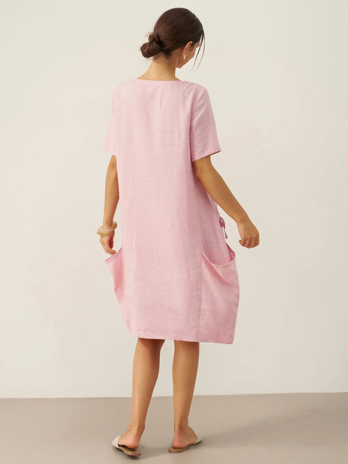 Vestido midi XENA 100% lino con cuello redondo y bolsillo de parche