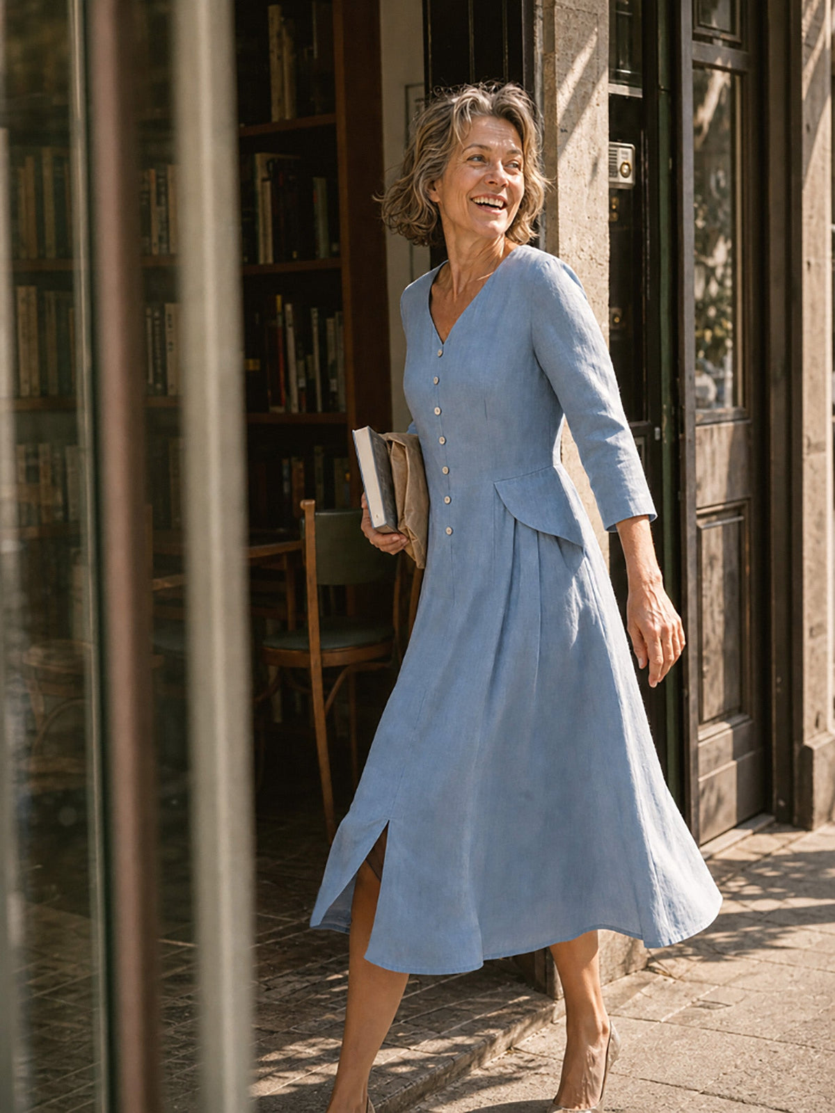 100% Linen Shell Button A Line Midi Dress ELIORA