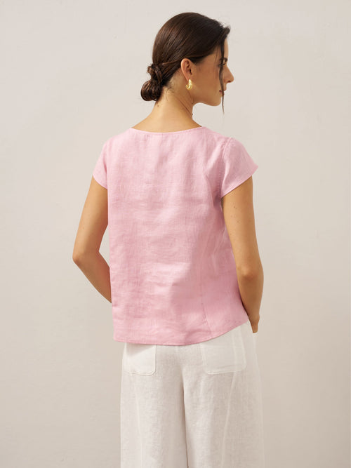 Top RENA con cuello redondo plisado, de lino 100% y botones de concha