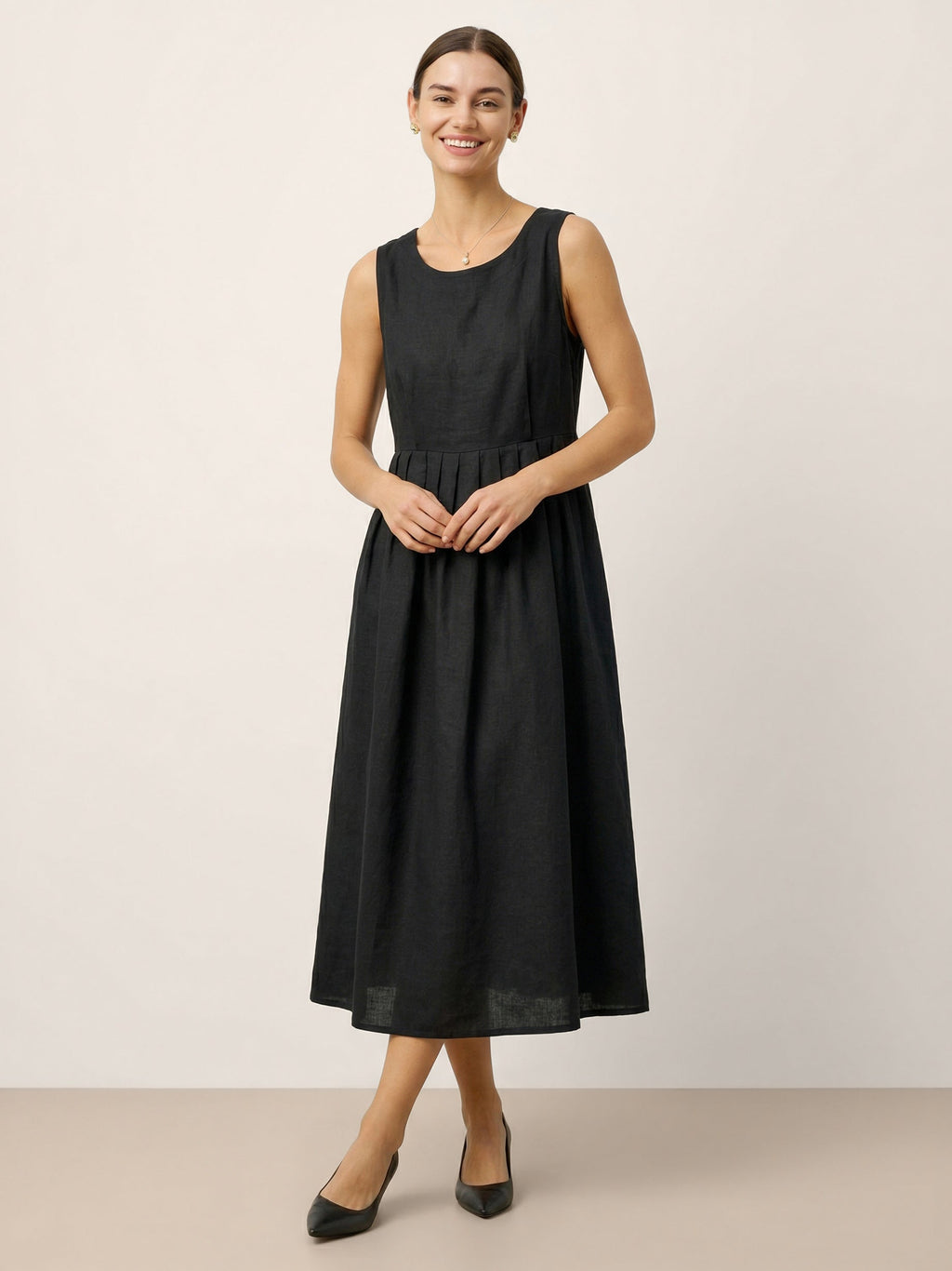 100% Linen Sleeveless Crew Neck Waist Pleated Maxi Dress SELENE