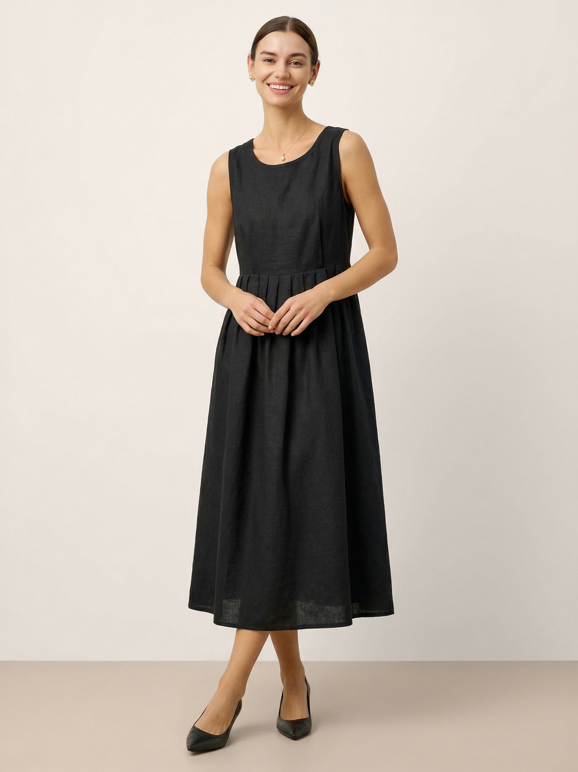 100% Linen Sleeveless Crew Neck Waist Pleated Maxi Dress SELENE