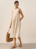 Vestido midi sin mangas 100 % lino con botones en el hombro FREYA