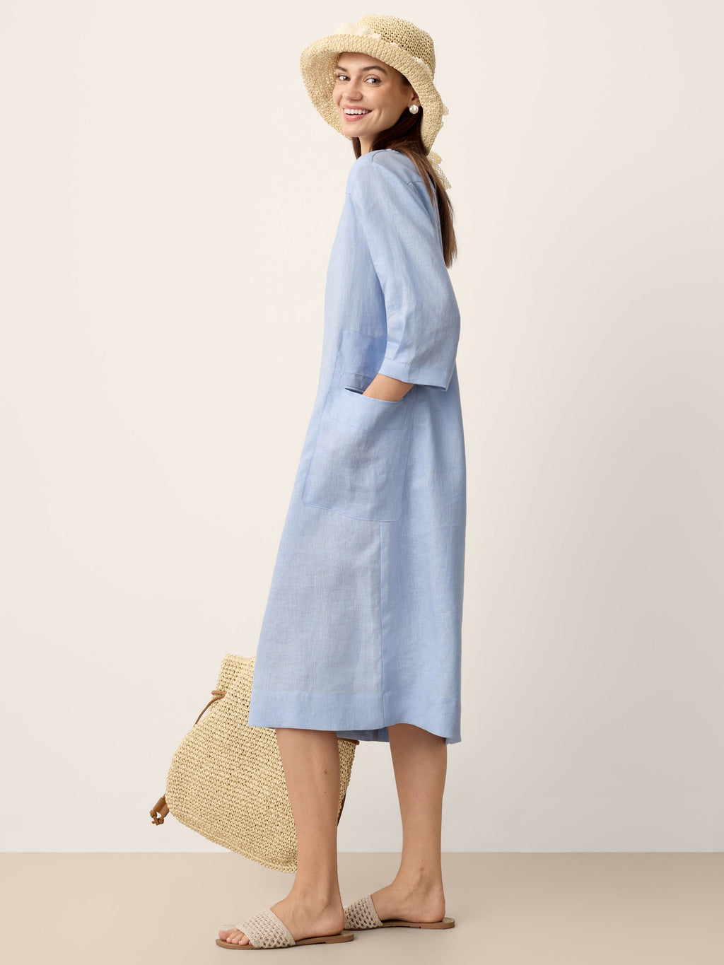 100% Linen Split-Neck Patch-Pocket Midi Dress KALINA