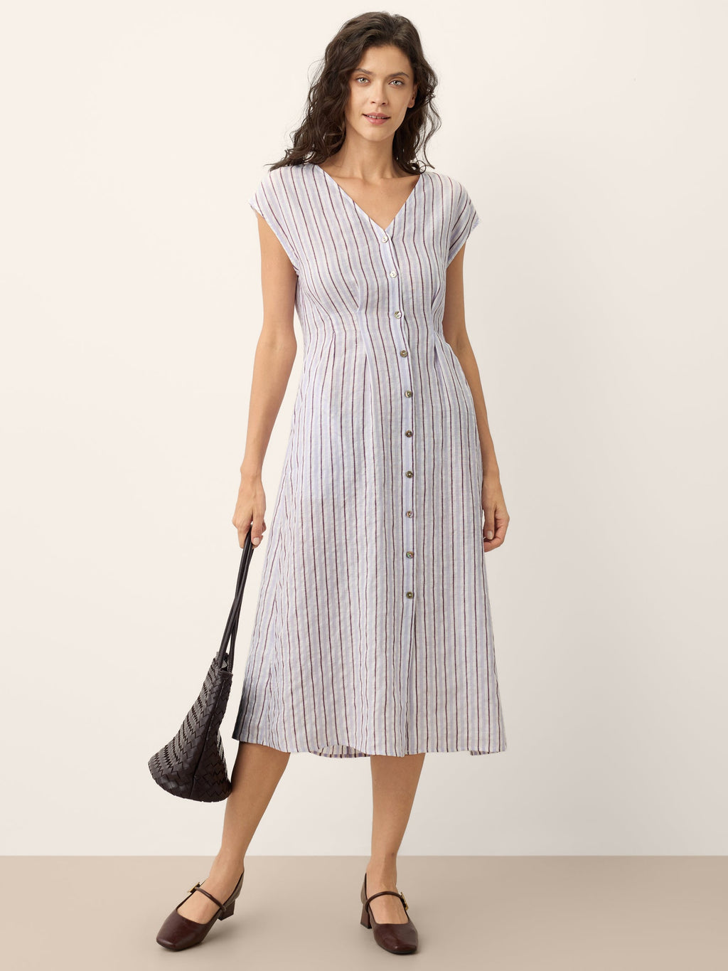 100% Linen Striped Tailored Cap Sleeve Maxi Dress AGNES