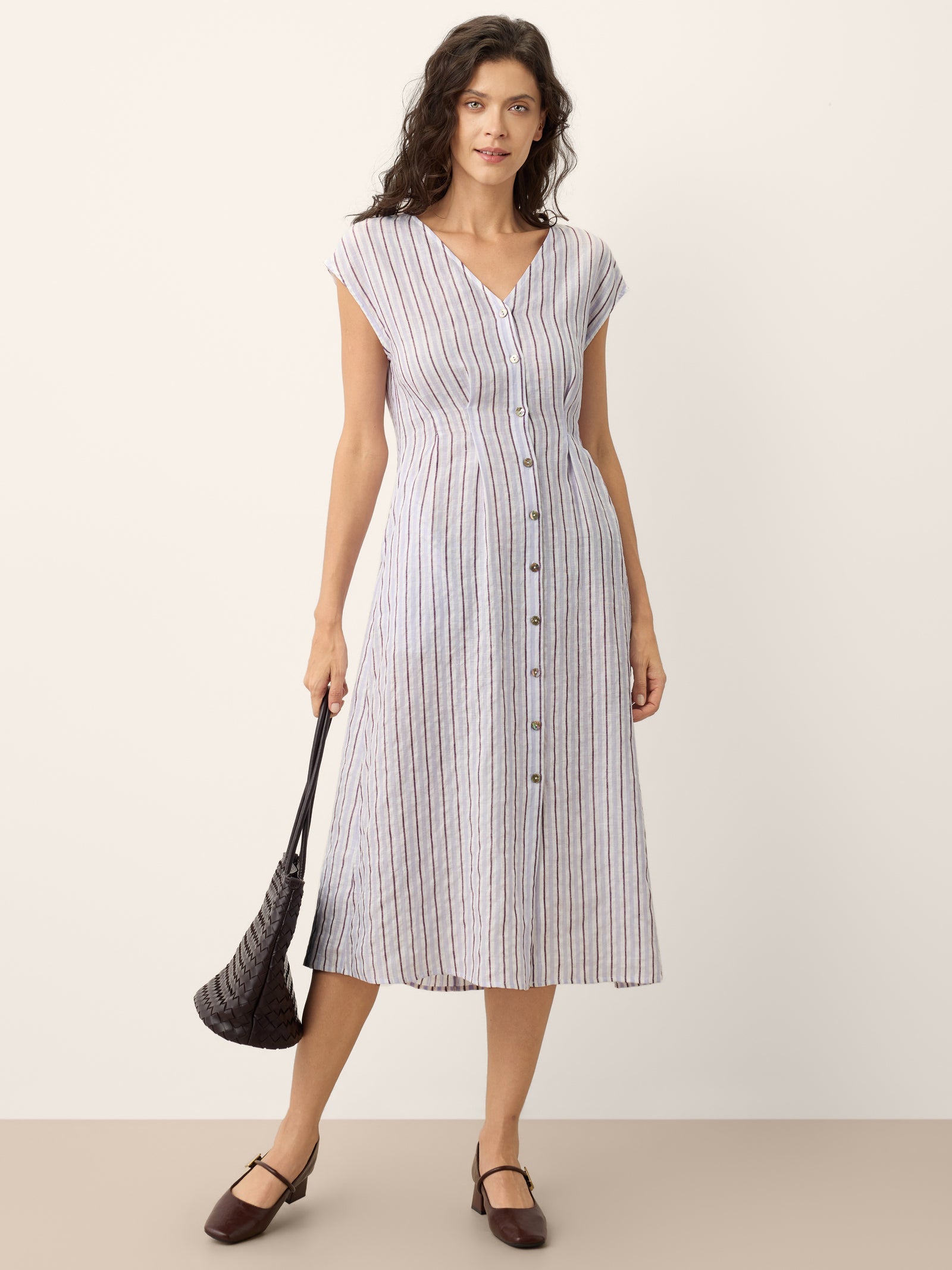 100% Linen Striped Tailored Cap Sleeve Maxi Dress AGNES