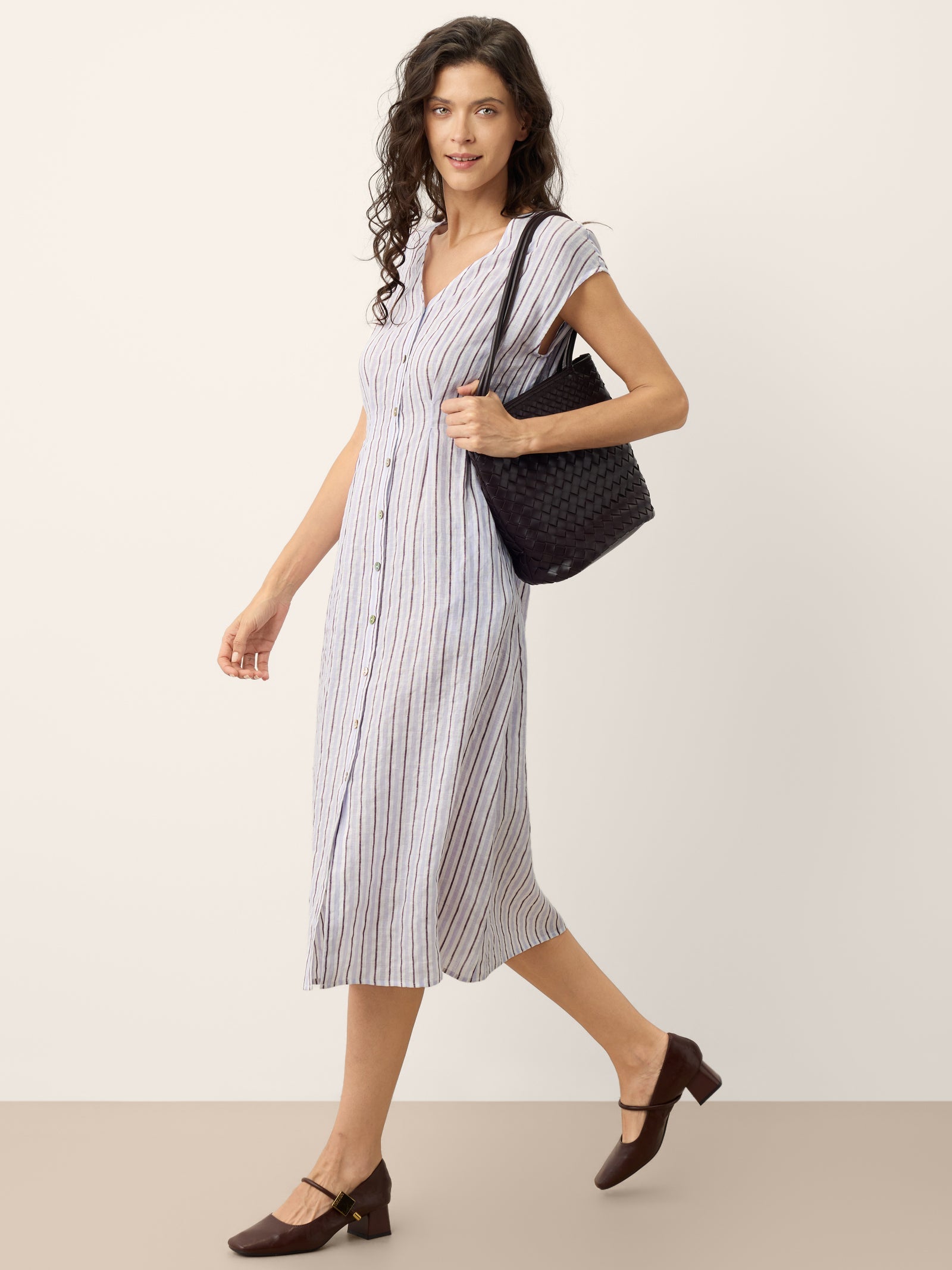 100% Linen Striped Tailored Cap Sleeve Maxi Dress AGNES