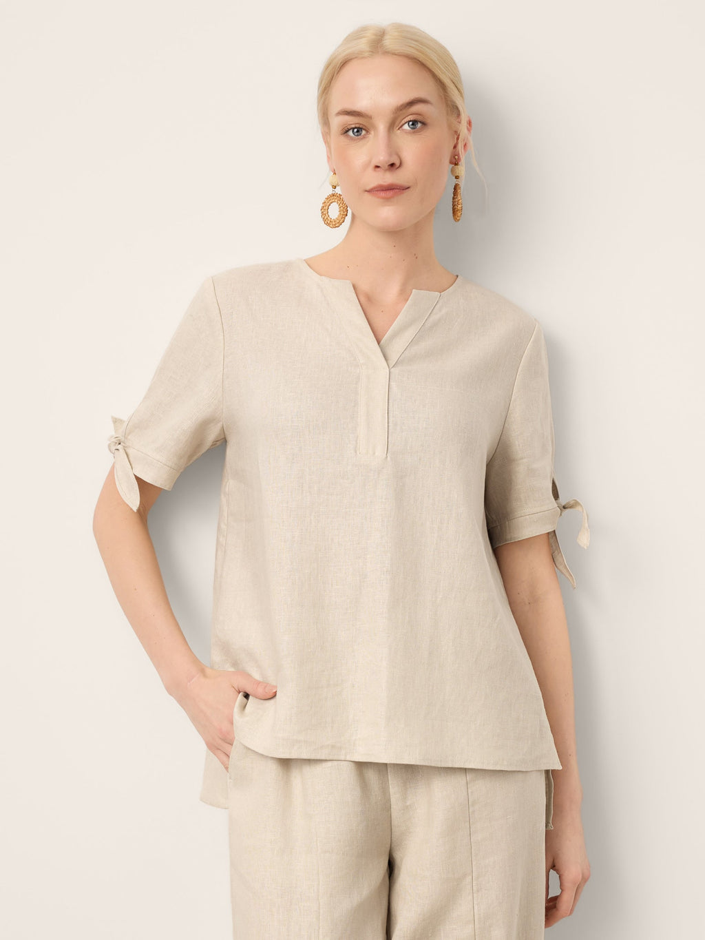 100% Linen Tie Cuff Notched V-Neck Top LORAN