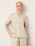 100% Linen Tie Cuff Notched V-Neck Top LORAN