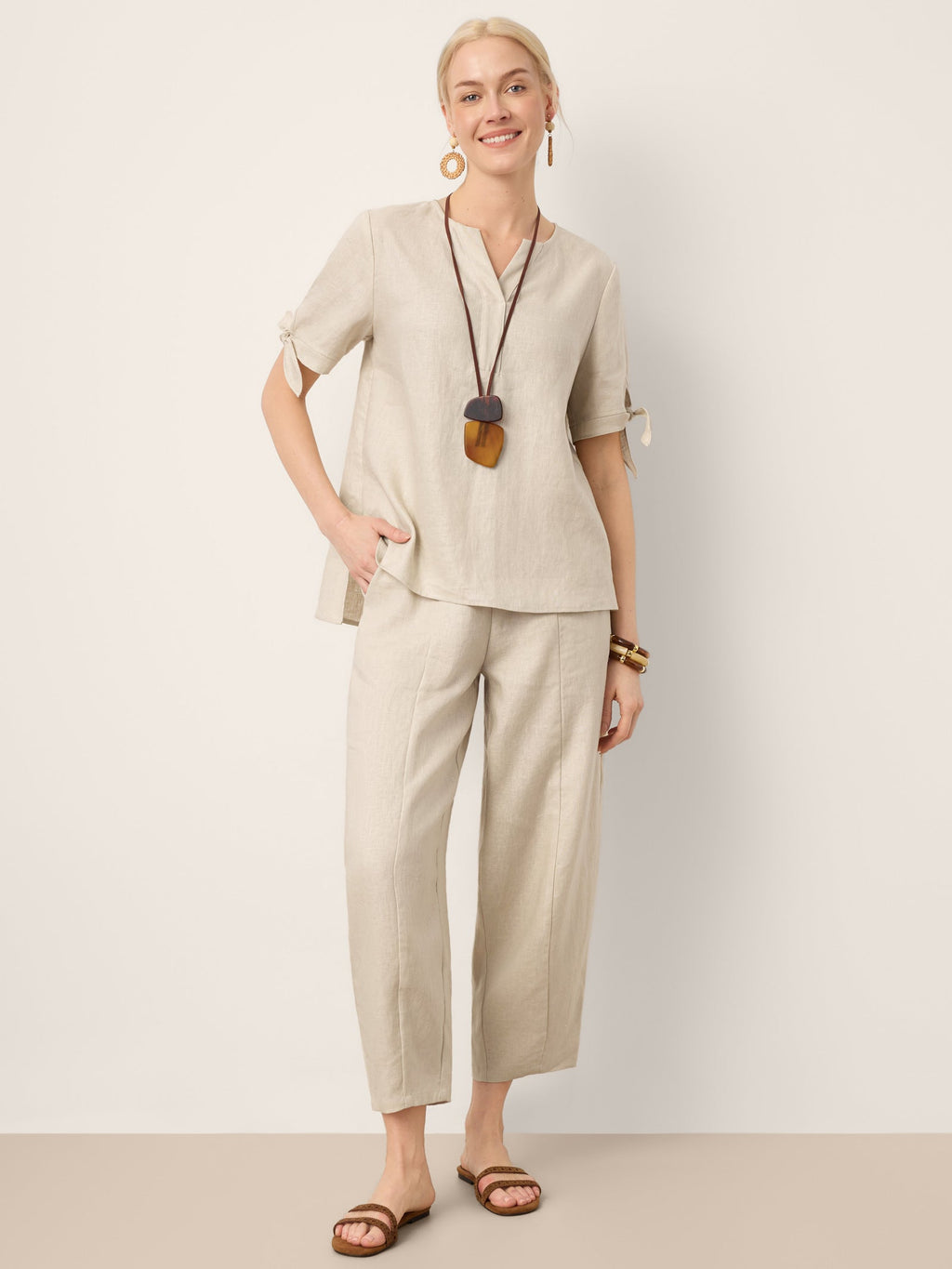 100% Linen Tie Cuff Notched V-Neck Top LORAN